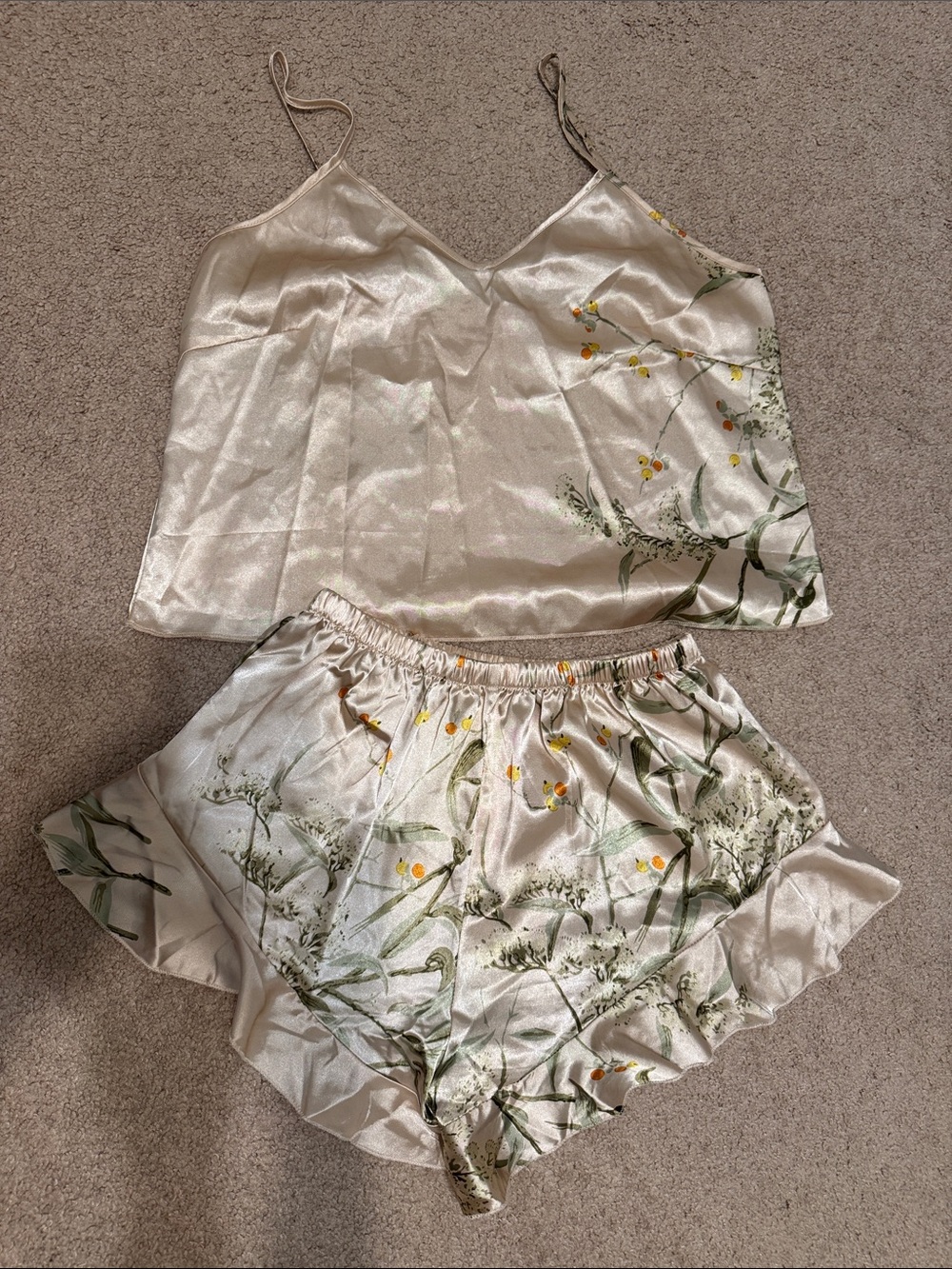 Silk-Feel Floral Satin Cami & Shorts Pajama Set — Cream with Green Floral
